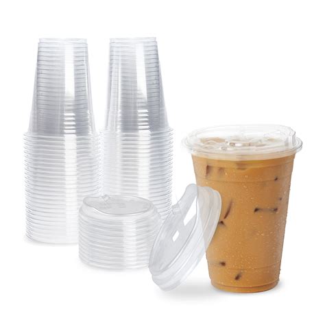 [50 pack] disposable strawless plastic cups with lids 16 oz clear