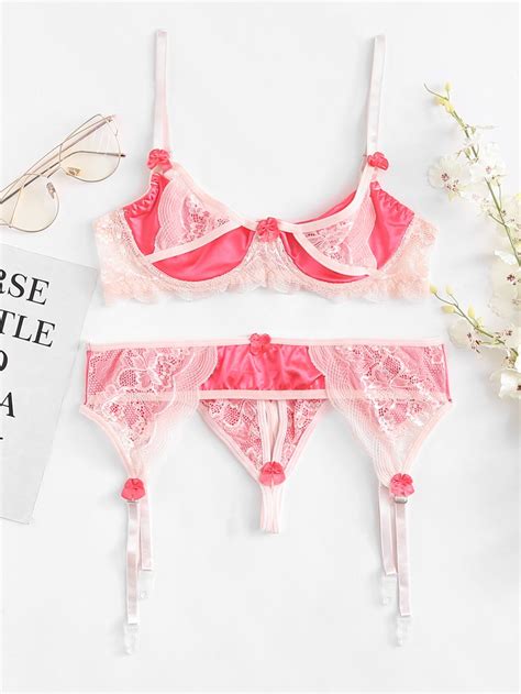 shop lace insert bow garter lingerie set online shein offers lace insert bow garter lingerie