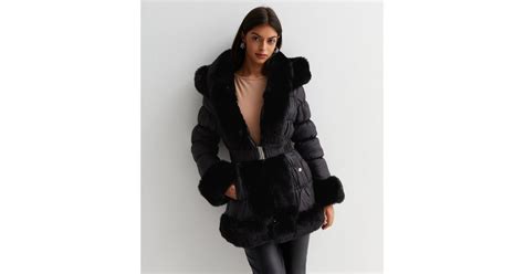 Cameo Rose Black Faux Fur Trim Belted Hooded Puffer Coat New Look
