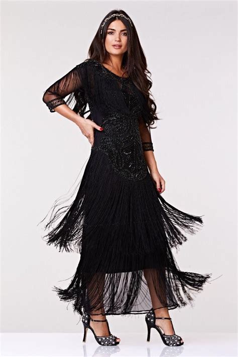 1920s Black Fringed Maxi Dress 1920s Fashion Dresses Cocktail Dress
