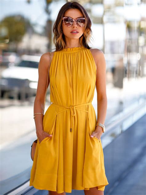 Yellow Summer Dress Solid Color Sleeveless Ruffles Acetate Womens