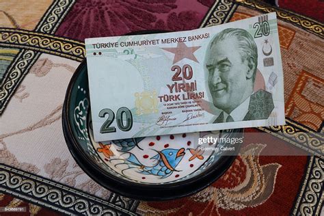 Twenty Turkish Lira Note In A Handmade Turkish Bowl On An Ornate