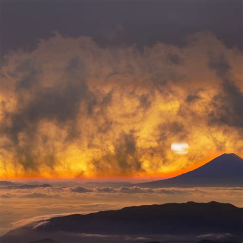 2932x2932 Volcano Mountains Sky Fantasy Orange Clouds Sunset 5k Ipad