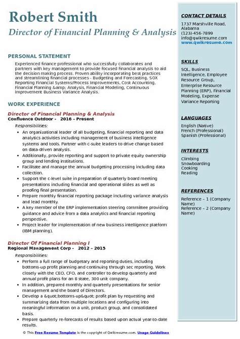 Director Of Financial Planning Resume Samples Qwikresume