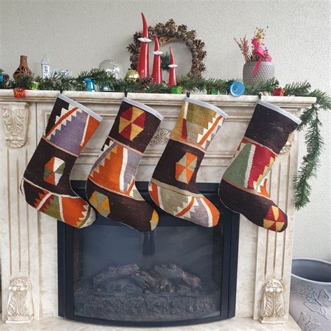 Set Of 4 Boho Christmas Stockings Large Stocking Rug Etsy