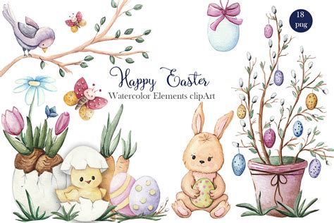 Happy Easter Watercolor Elements Clipart Graphic By Elenazlataart