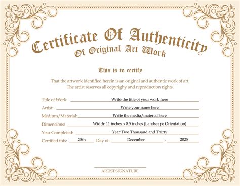 Printable Blank Pdf Certificate Of Authenticity For Artwork Etsy Uk