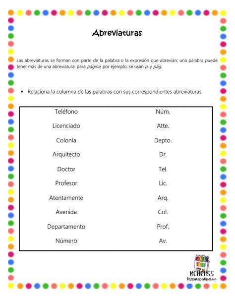 Ficha De Abreviaturas Actividades De Enseñanza Actividades Para Primaria Ejercicios De Español