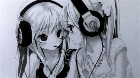 The best free cute anime drawing images download from 47103. DRAWING two ANIME GIRLS with headphones || graphite pencil ...