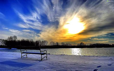 Zdjęcie Zachód Słońca Jezioro Zima Ławka
