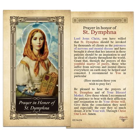 Prayer In Honor Of St Dymphna Laminated Holy Card With Gold Color