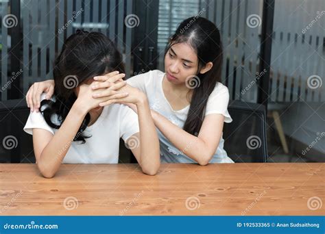 Asian Woman Comforting To Sad Depressed Friend Young Woman Consoling