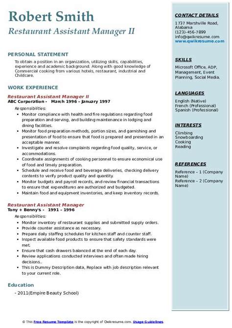 Contemporary specialties are served at tim's kitchen, which is 100 meters away. Restaurant Assistant Manager Resume Samples | QwikResume