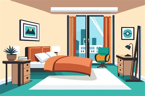 Una ilustración de dibujos animados de un dormitorio con una cama y un