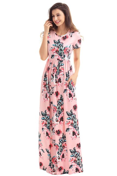 Pocket Design Short Sleeve Pink Floral Maxi Dress Maxi Dress Floral