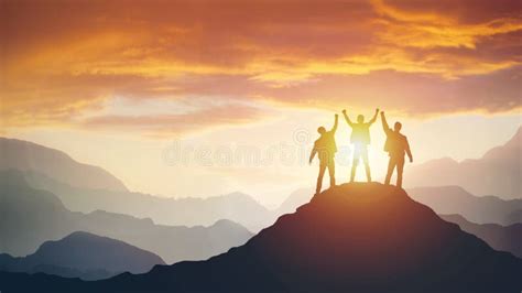 Group Of Peoples On Mountains Top In Winner Pose Stock Image Image Of