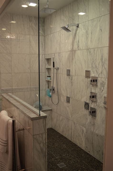 Kohler converge vibrant brushed nickel 3 spray shower head and traditional round rain showerhead with katalyst spray technology in. Walk in shower with carrara marble. Kohler Loure' fixtures ...