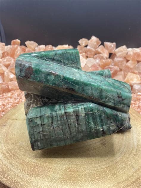 Large Polished Emerald Crystals And Himalayan Salt