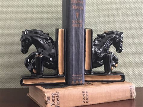 Vintage Black Horse Bookends Ceramic Horses On Books Equestrian Bookend