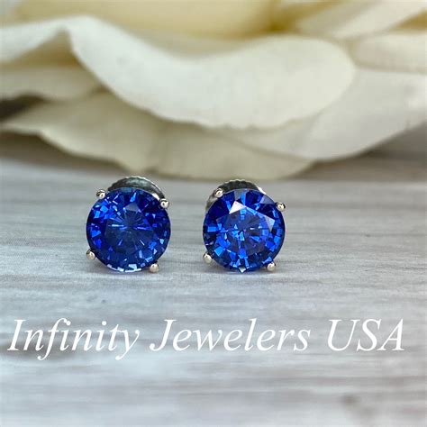 Round Blue Sapphire Stud Earrings Ctw In K White Gold Etsy