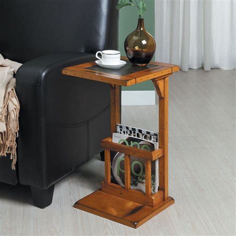 Aart Two Tone Slate Inset Accent Magazine Rack Chairside Table In Oak