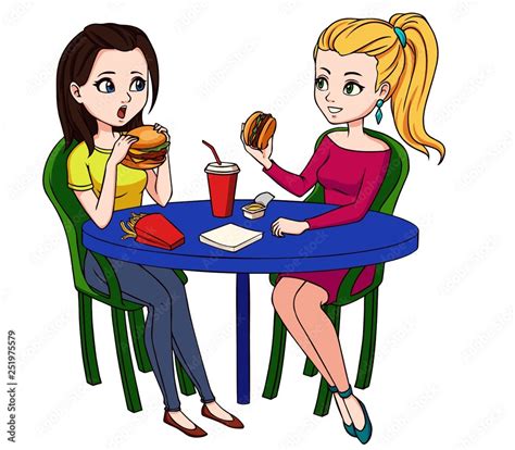 Female Friends Eating Fast Food Meal In Restaurant Two People Sitting Talking And Having Lunch