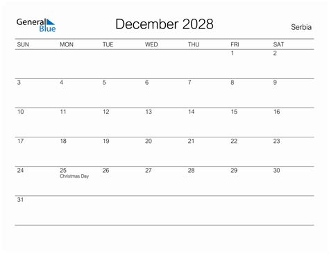 Printable December 2028 Monthly Calendar With Holidays For Serbia