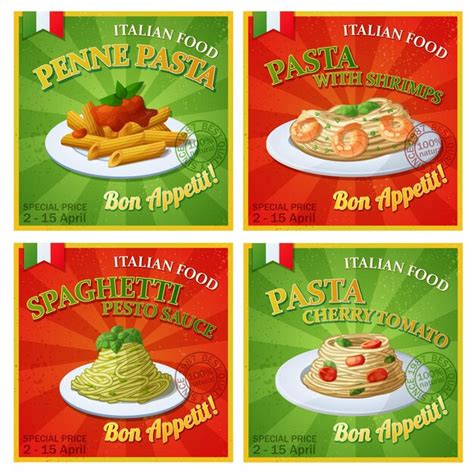 Premium Vector Set Of Italian Pasta Posters Vector Illustration