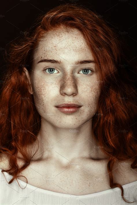 Portrait Of Freckled Redhead Woman L High Quality People Images ~ Creative Market