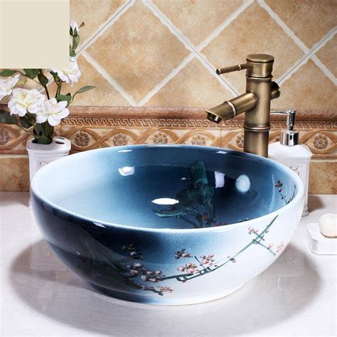 Luxury Ceramic Wash Basin Hand Painted Blue And White Round Plum