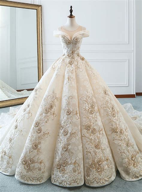 Luxury Champagne Ball Gown Appliques Long Train Wedding Dress In 2020 Wedding Dress Train