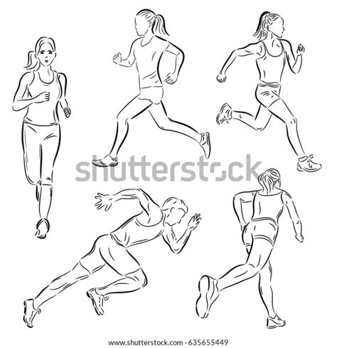 Vector Set Running People Sketch Style Stock Vector Royalty Free