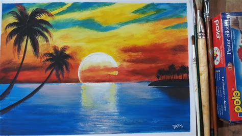How to paint a sunset scenery with Poster Colour - YouTube
