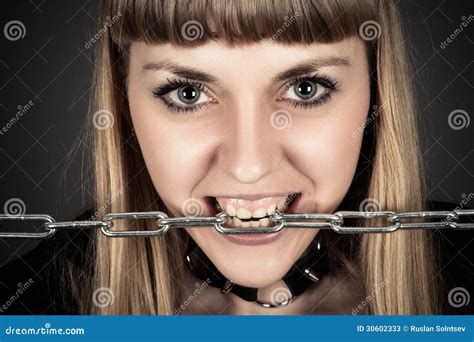 Brutal Woman With A Chain In Teeth Stock Image Image Of Blond Camera