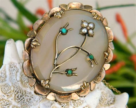 Victorian Chalcedony Brooch Pin Seed Pearls Turquoise Flower Pins