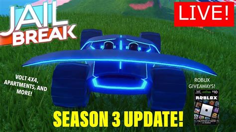 You can always come back for codes for jailbreak season 4 because we update all the latest coupons and special deals weekly. Roblox Jailbreak Live Stream! SEASON 3 UPDATE! - VOLT 4X4 ...