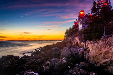 Bass Harbor Lighthouse At Sunset In Acadia National Park Maine Stock