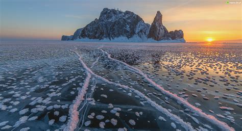 Zdjęcie Zima, Zachód słońca, Jezioro Bajkał, Wyspa Olchon ...