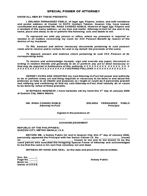 Giving the father/mother or any other person guardianship over the said infant b that i have not entered into any arrangement or agreement which has the effect of making or purports to make the father/mother or any other person guardian of the. SPA SSS SALARY LOAN.doc | Power Of Attorney | Notary Public