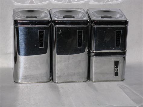 Vintage Set 4 Chrome Canisters Mid Century Modern Beautyware