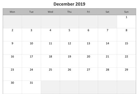 Editable December 2019 Calendar Word Printable Blank Template