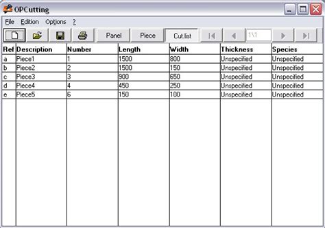 Display of the cutting list with OPCutting