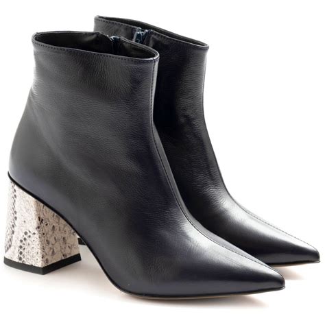 Laura Bellariva Ankle Boots In Dark Blue Leather With Python Heel