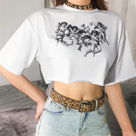 Harajuku Angel Print White Cropped T Shirt Women Short Sleeve Loose