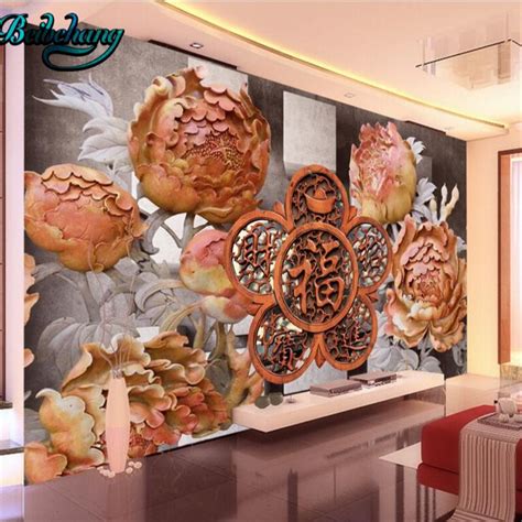 Beibehang 3d Stereo Boxed Wooden Peony Lucky Treasure Background Wall