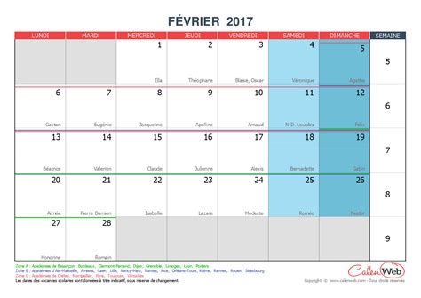 Calendrier Mensuel Mois De Février 2017 Avec Fêtes Jours Fériés Et