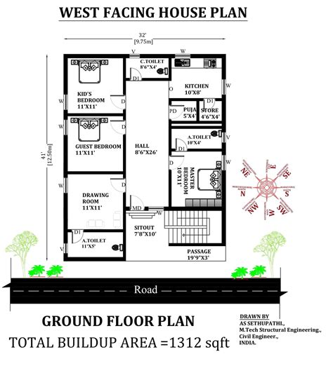 32x41 West Facing 3bhk House Plan As Per Vastu Shastra Download