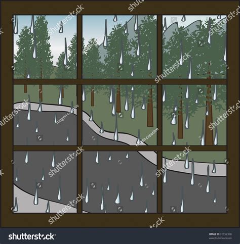 Looking Out A Window With Rain Falling On Trees Road And Mountians