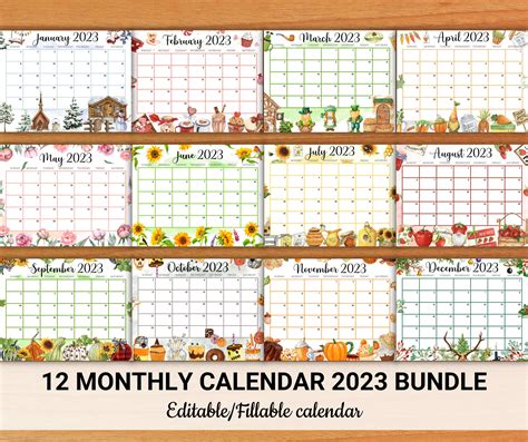 Editable Watercolor Calendar 2023 Bundle Cute Printable Fillable