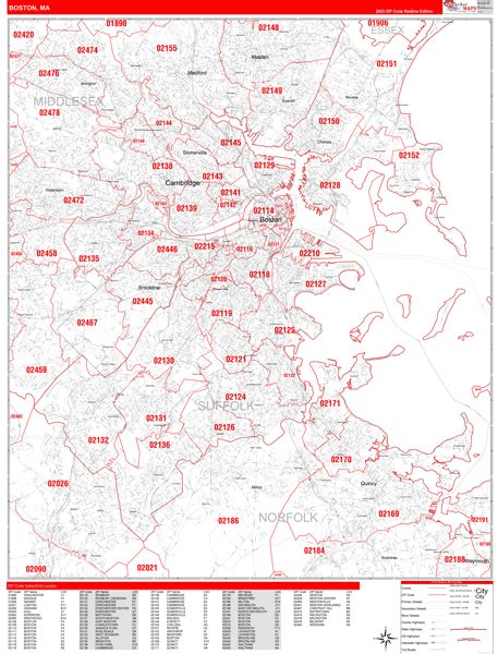 Boston Massachusetts Zip Code Wall Map Red Line Style By Marketmaps